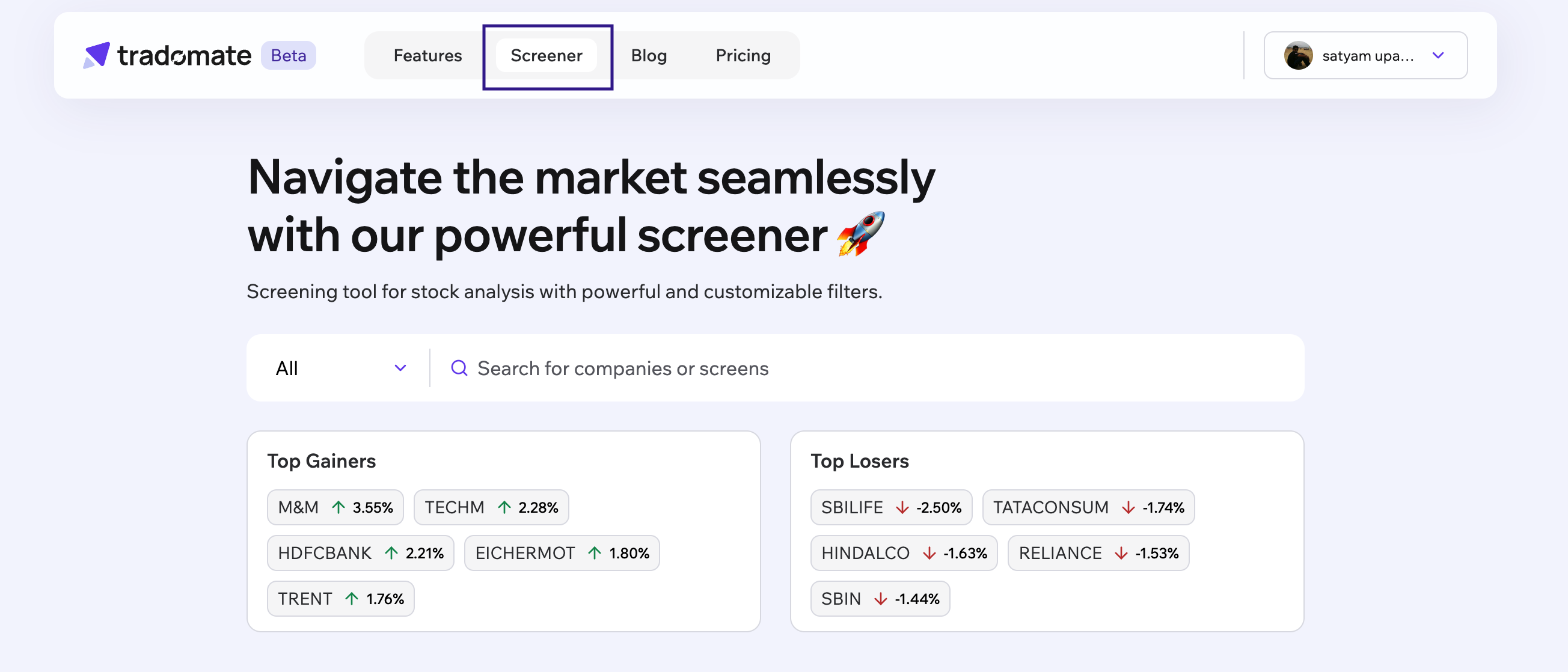 Navigate to Screener