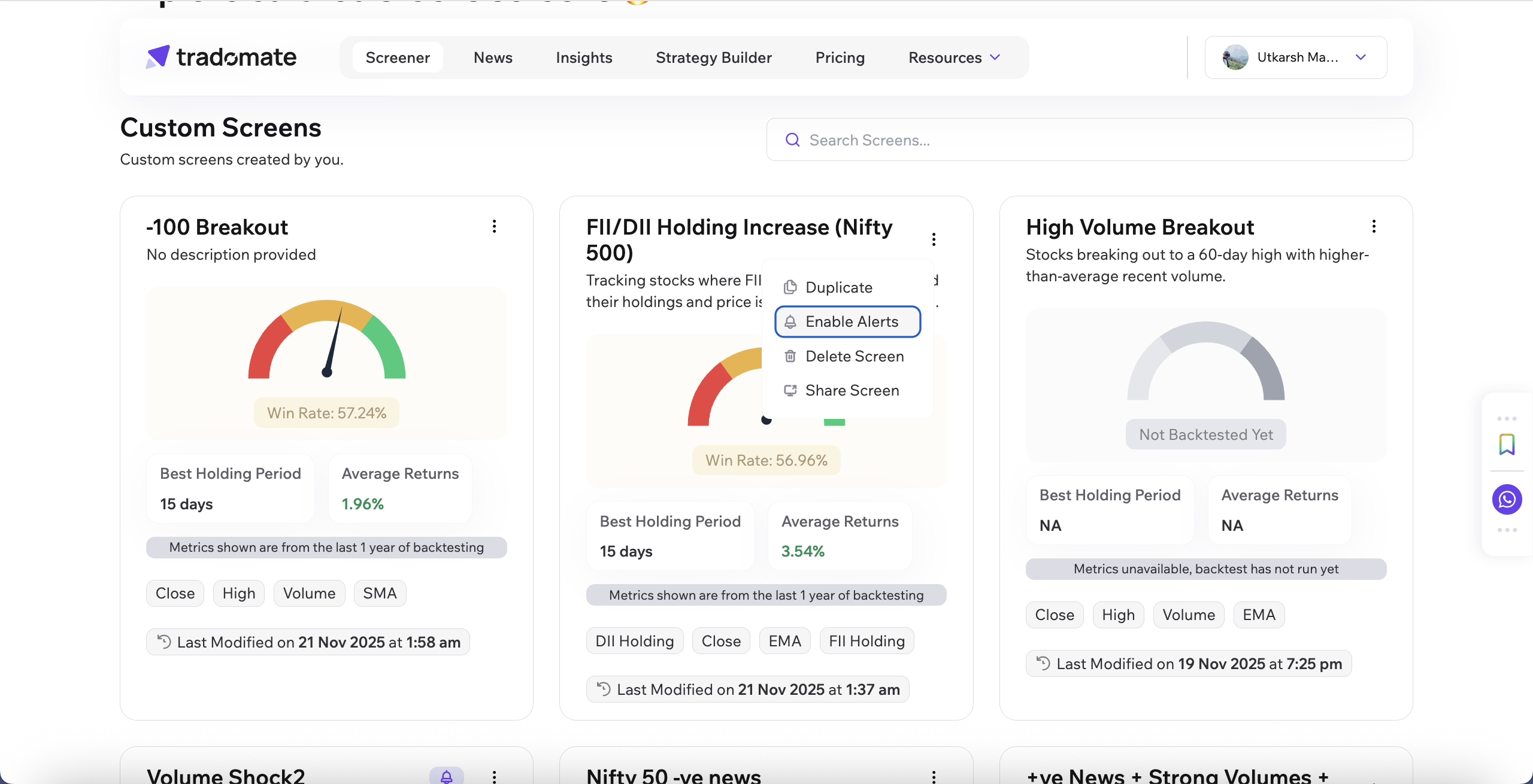 Alert from screener landing page
