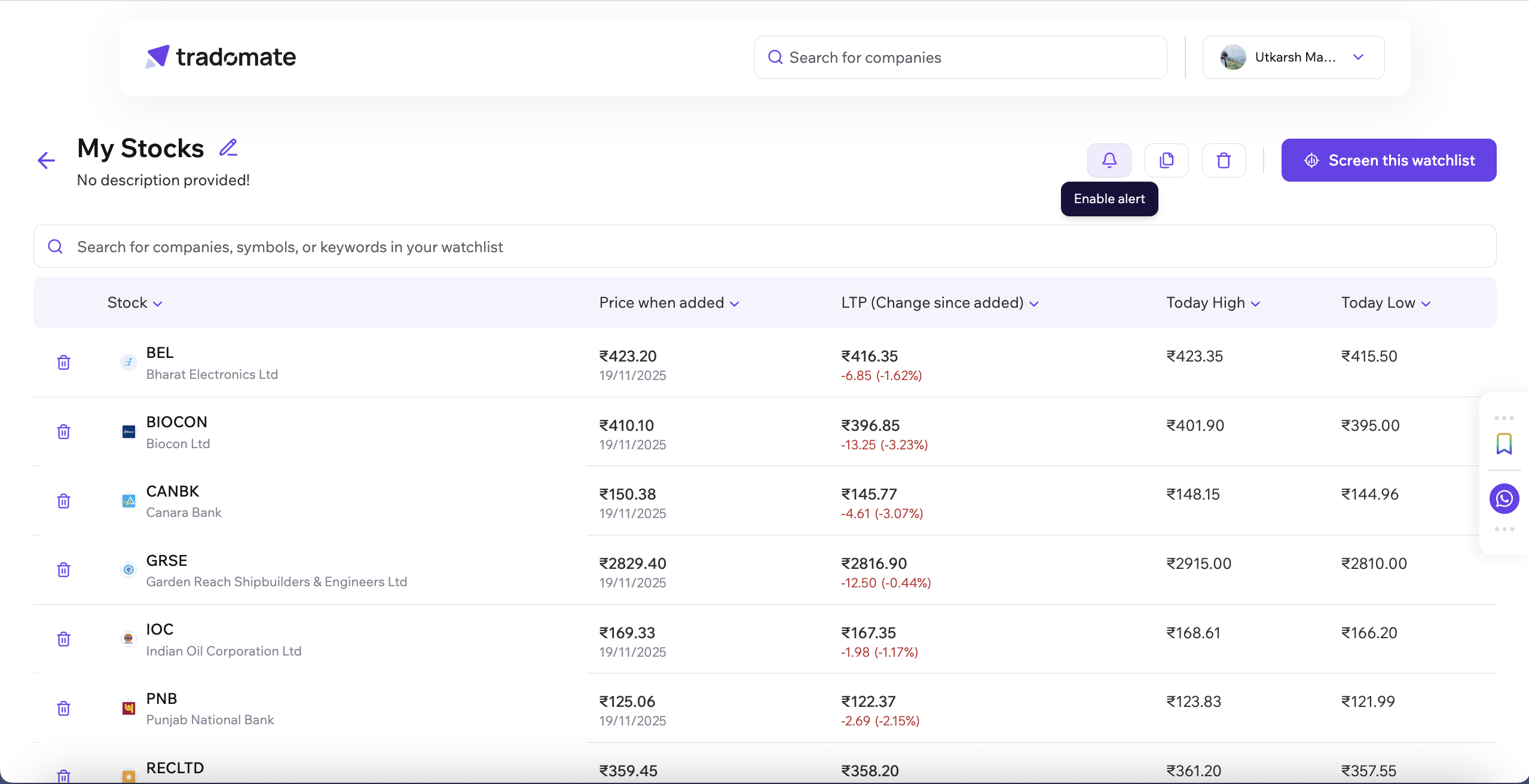 Alert from watchlist